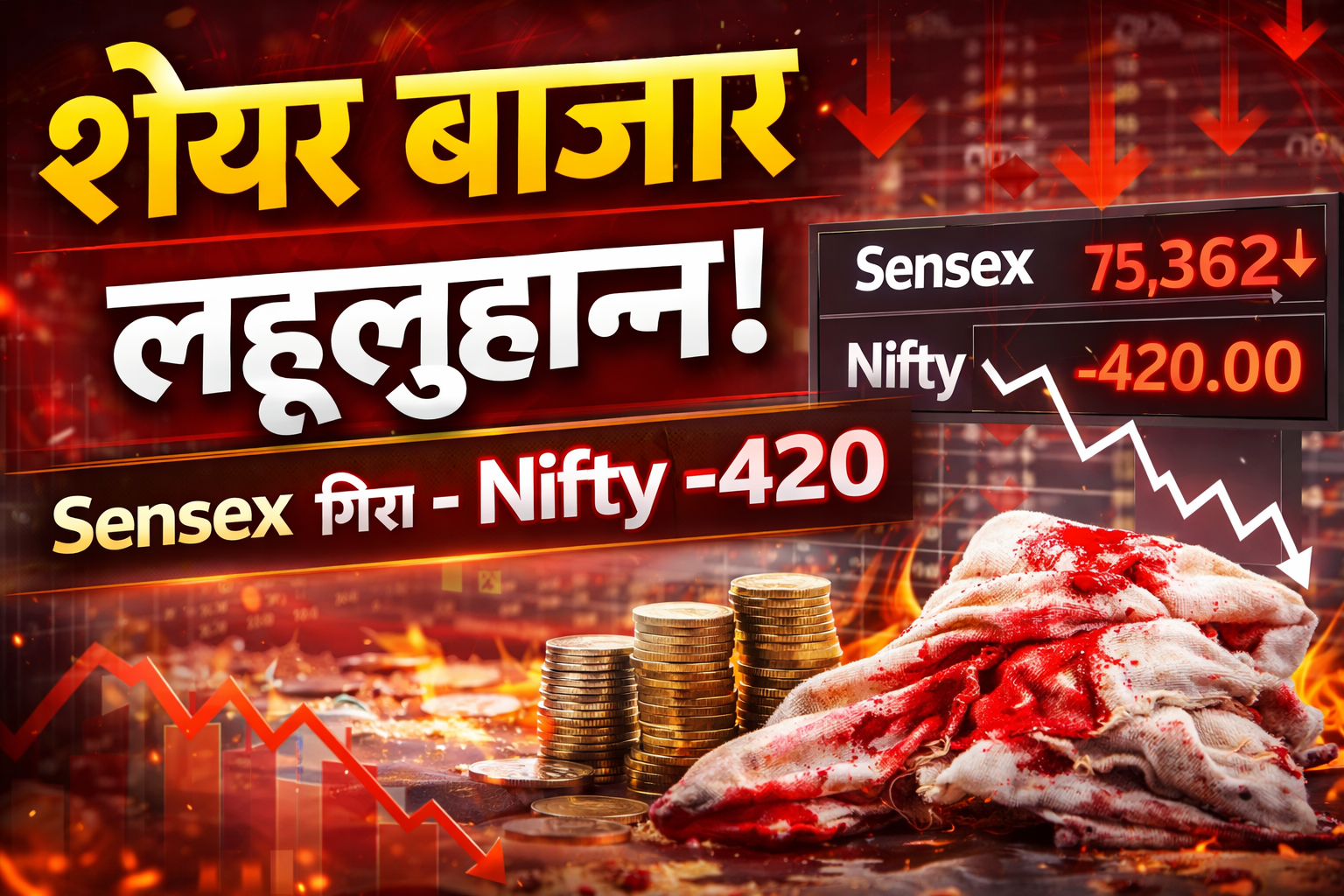 तीन दिनों की तेजी के बाद शेयर बाजार में बड़ी गिरावट: निफ्टी 420 अंक फिसला, सेंसेक्स 75,300 के आसपास